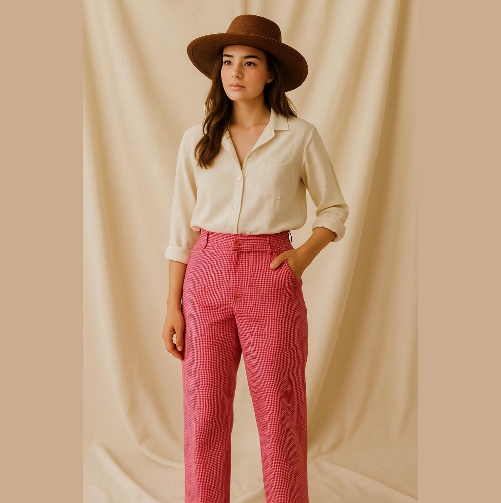 Gingham Northern Reflections vintage cotton pants / red grid print / 12